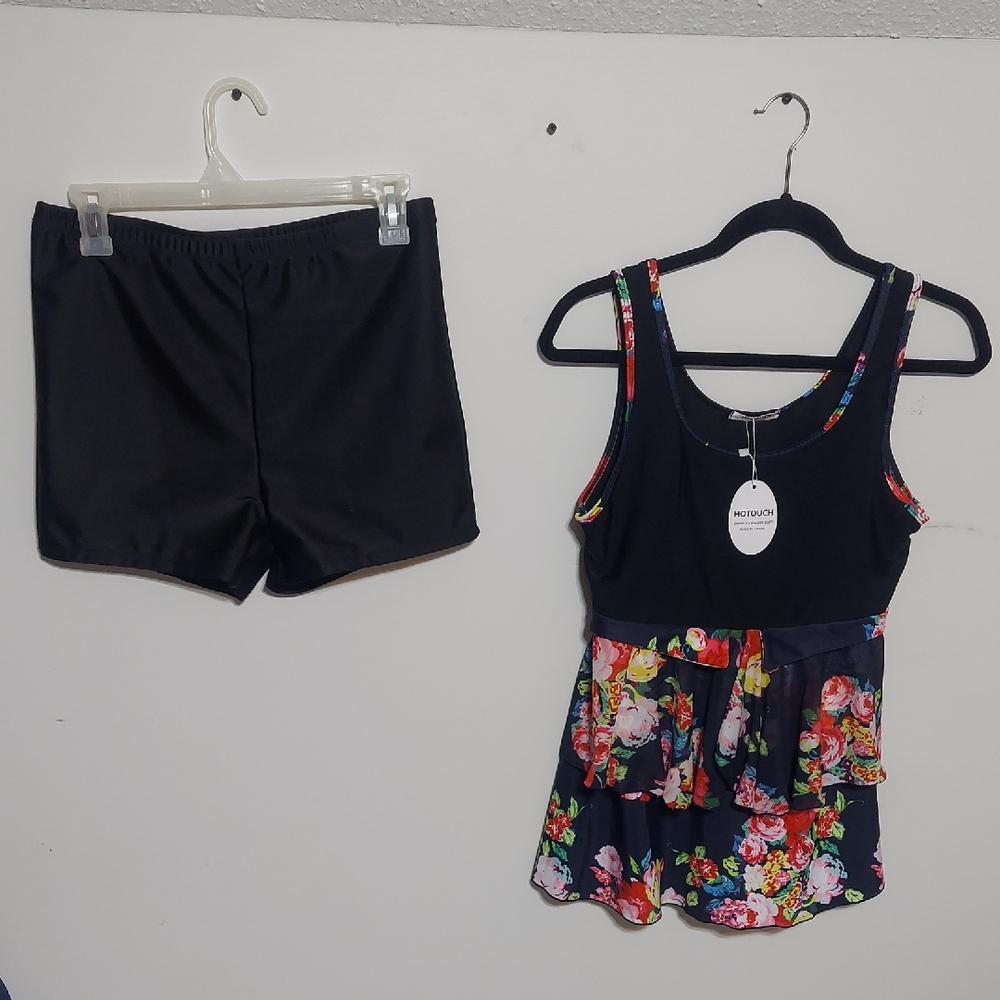 Hotouch NWT Black Floral Tiered Tankini & Swim Shorts Set Women's Size Large - Picture 2 of 8
